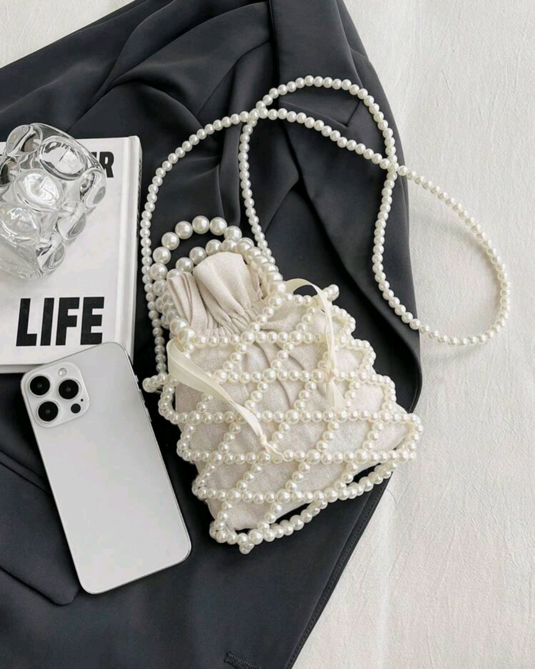 Women Crossbody Bags Elegant Pearl Woven Bucket Tote Bag Coin Wallet/ Purse