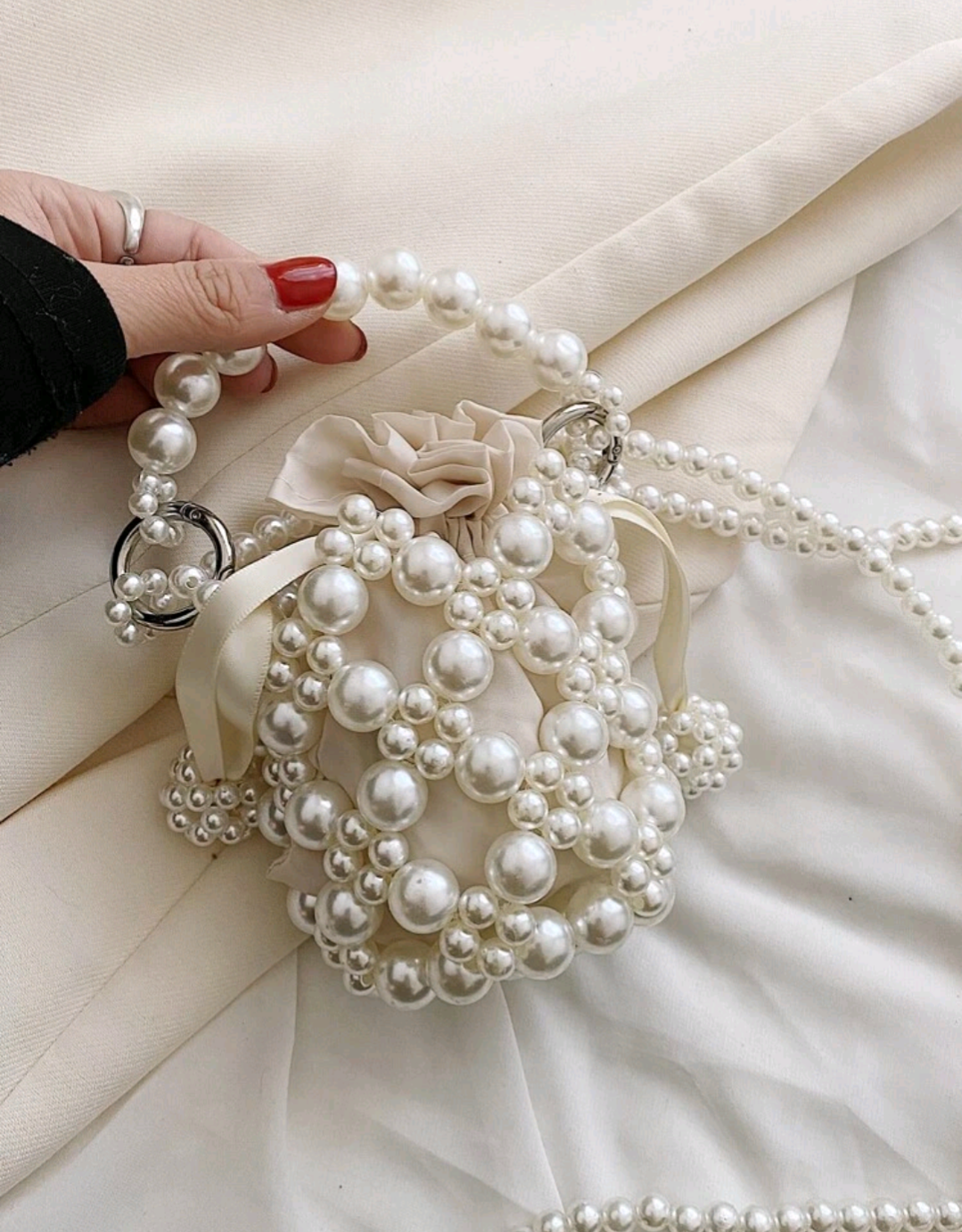 Women Crossbody Bags Elegant Pearl Woven Bucket Tote Bag Coin Wallet / Purse