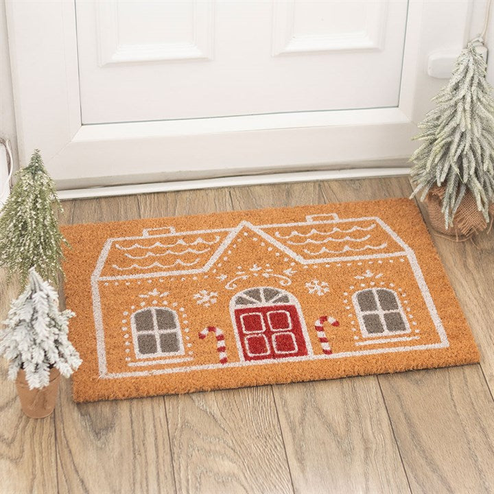 Natural Candy Cane Gingerbread House Doormat