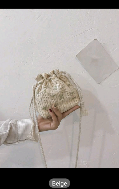 Flower Drawstring Bucket Bag Women Straw Woven Beach Crossbody Shoulder Handbags