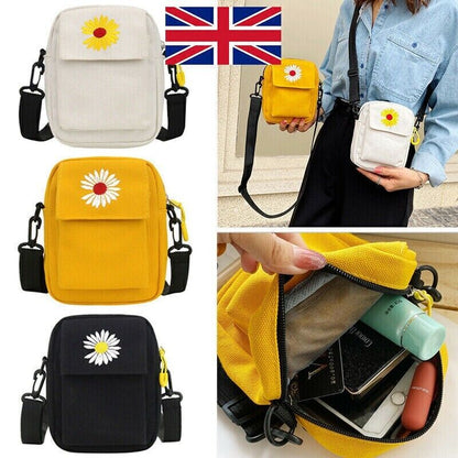 Daisy Pattern Canvas Crossbody Women Bag, Small Travelling Bag, Holiday Mini Bag