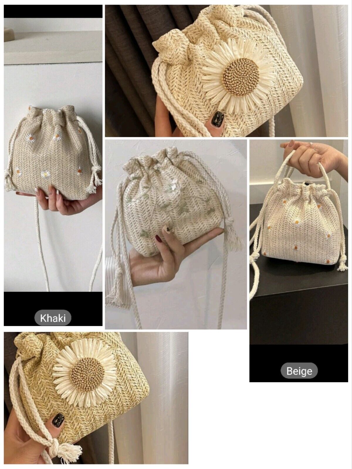 Flower Drawstring Bucket Bag Women Straw Woven Beach Crossbody Shoulder Handbags