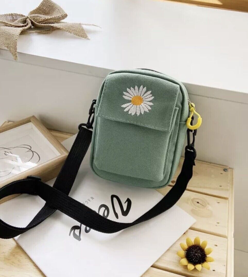 Daisy Pattern Canvas Crossbody Women Bag, Small Travelling Bag, Holiday Mini Bag