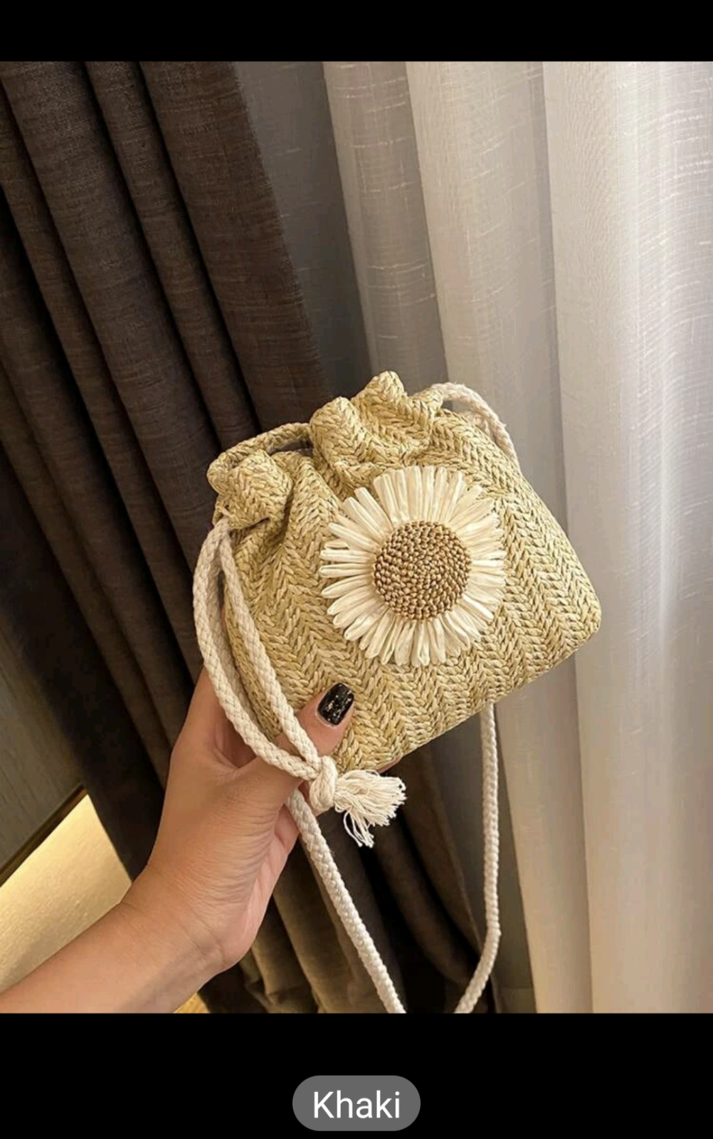 Flower Drawstring Bucket Bag Women Straw Woven Beach Crossbody Shoulder Handbags