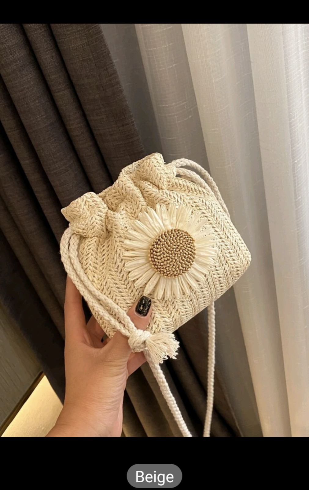 Flower Drawstring Bucket Bag Women Straw Woven Beach Crossbody Shoulder Handbags