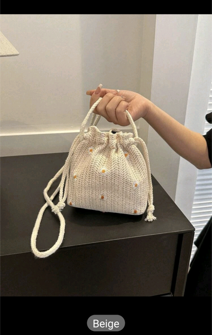 Flower Drawstring Bucket Bag Women Straw Woven Beach Crossbody Shoulder Handbags