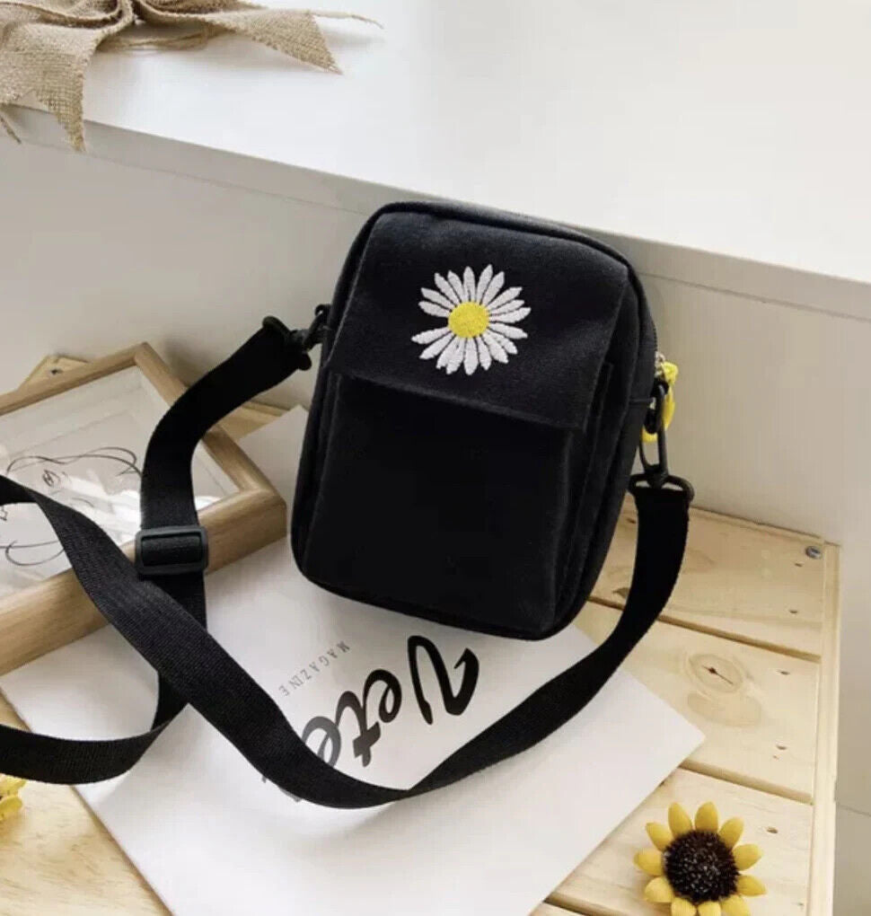 Daisy Pattern Canvas Crossbody Women Bag, Small Travelling Bag, Holiday Mini Bag