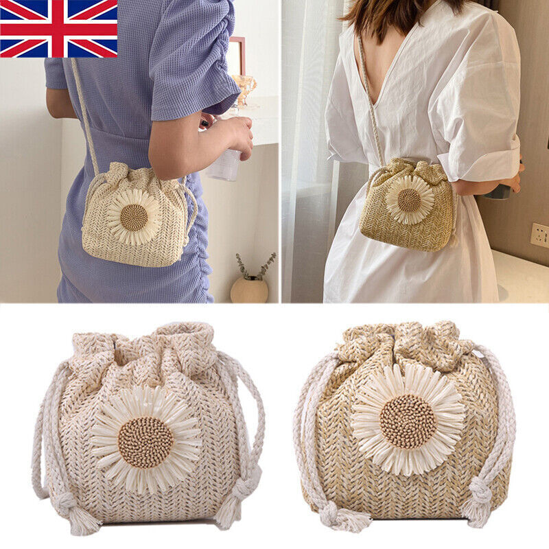 Flower Drawstring Bucket Bag Women Straw Woven Beach Crossbody Shoulder Handbags