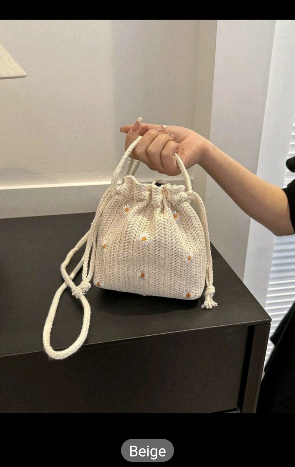 Flower Drawstring Bucket Bag Women Straw Woven Beach Crossbody Shoulder Handbags