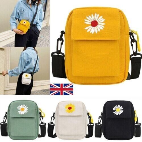 Daisy Pattern Canvas Crossbody Women Bag, Small Travelling Bag, Holiday Mini Bag