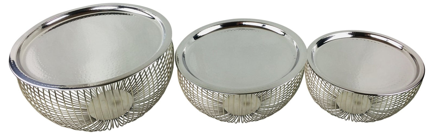 Set Of 3 Silver Bowls With Plate Tops