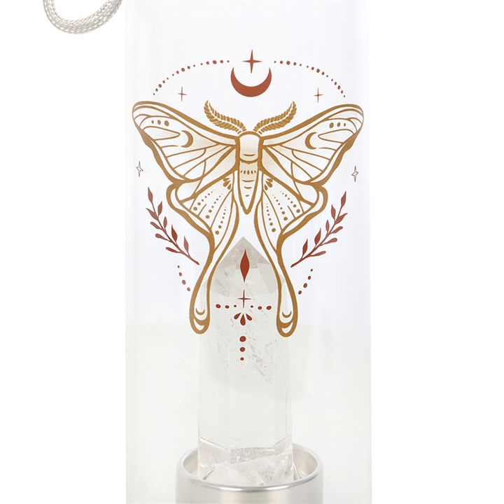 Luna Moth Glass Water Bottle with Clear Quartz Crystal