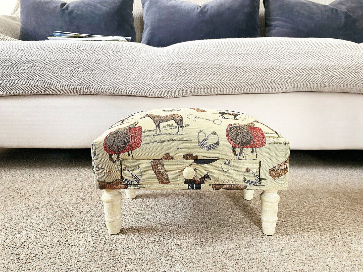 Equestrian Fabric Footstool with Drawer