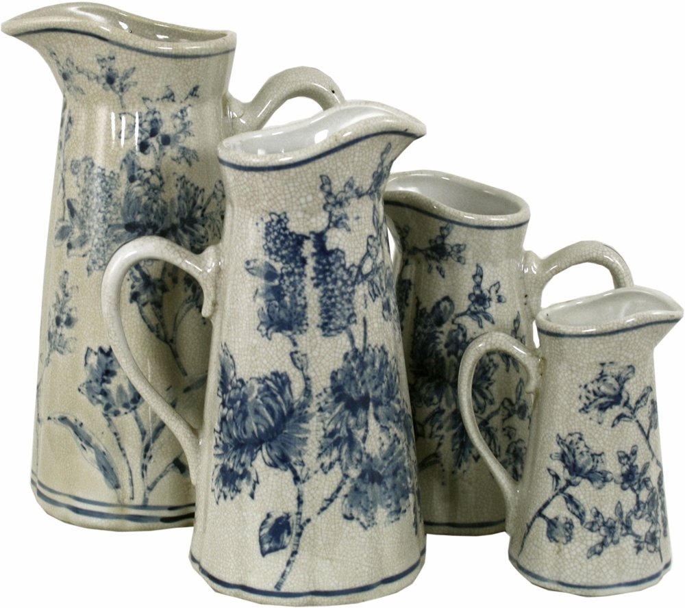 Set of 4 Ceramic Jugs, Vintage Blue & White Magnolia Design