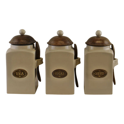 Large Tea, Coffee & Sugar Canisters With Spoons