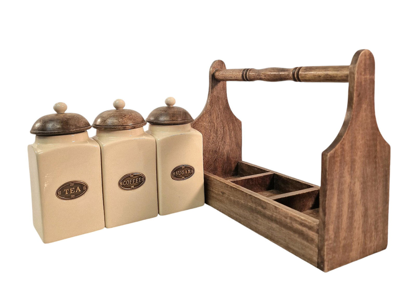 Ceramic Tea, Coffee & Sugar Jar's In Solid Mango Wood Rack