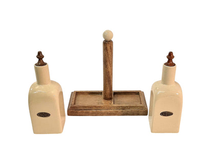 Ceramic Oil and Vinegar (Olio/Aceto) Bottle Set & Mango Wood Holder