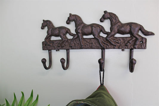 Rustic Cast Iron Wall Hooks, Three Horses