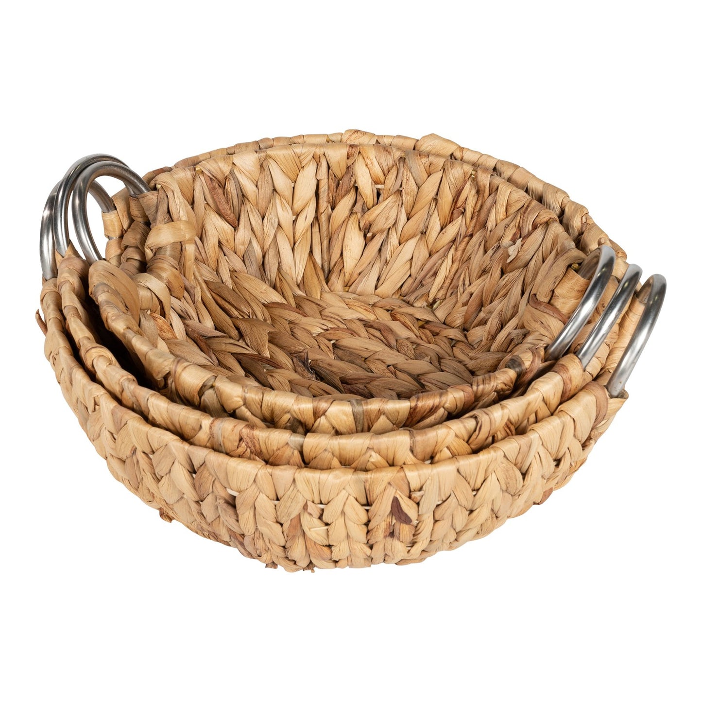 Set of 3 Round Raffia Natural Baskets With Metal Handles