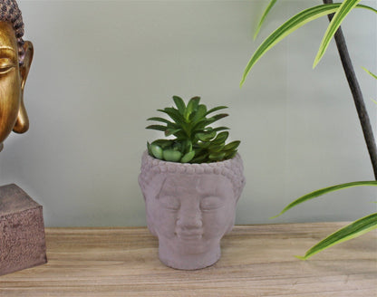 Trio of Faux Succulents in Buddha Head Cement Pot