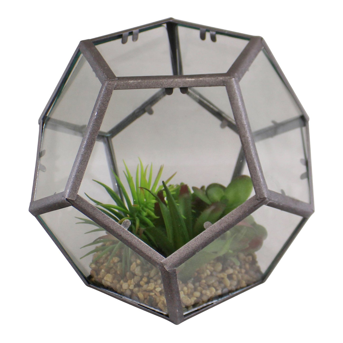 Glass & Metal Hexagonal Terrarium With Faux Succulents