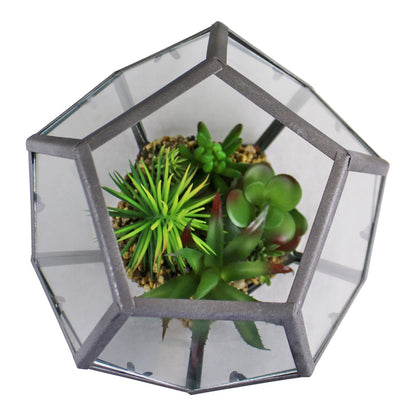 Glass & Metal Hexagonal Terrarium With Faux Succulents