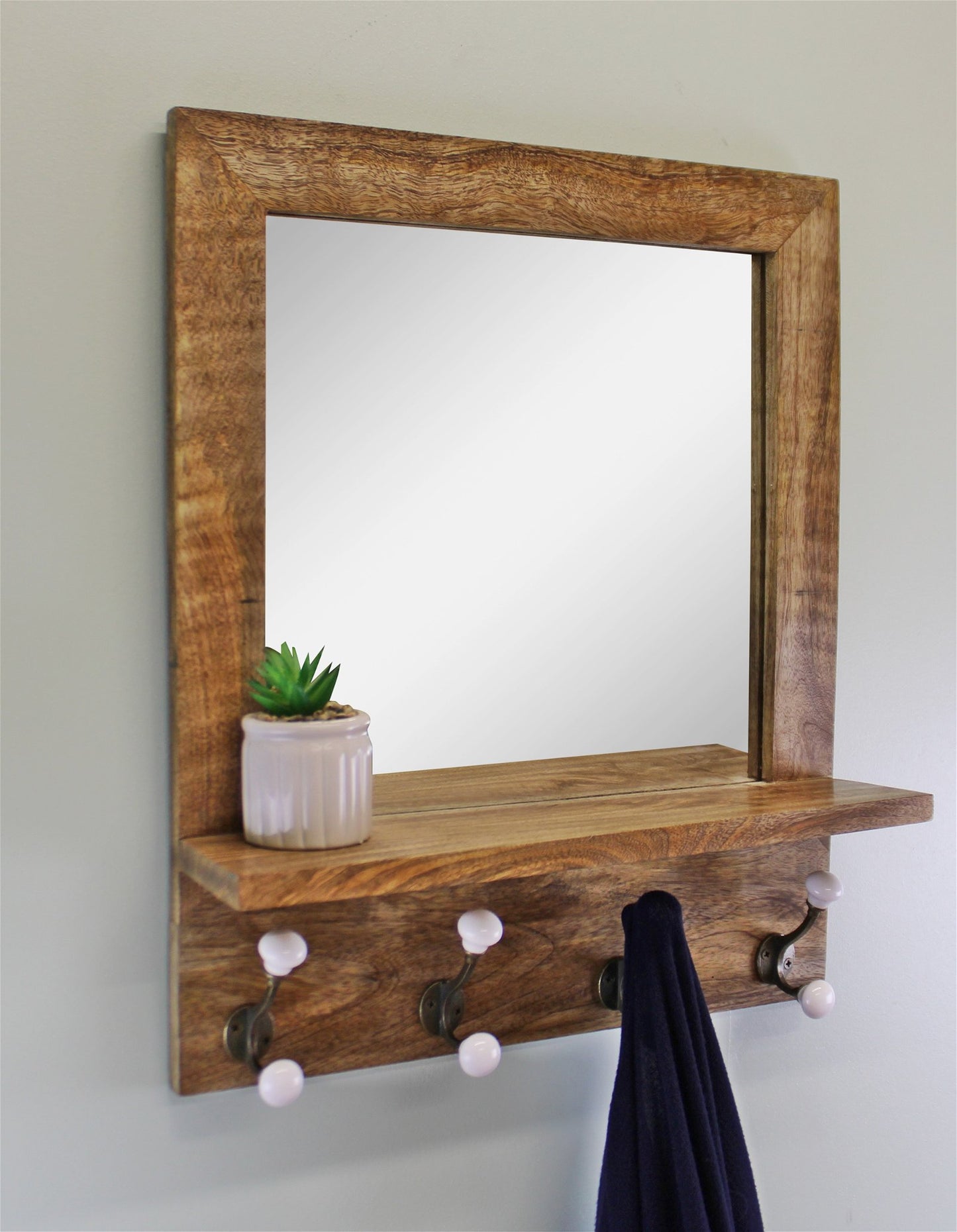 Mango Wood Shelf Unit With Mirror & 4 Double Coat Hooks