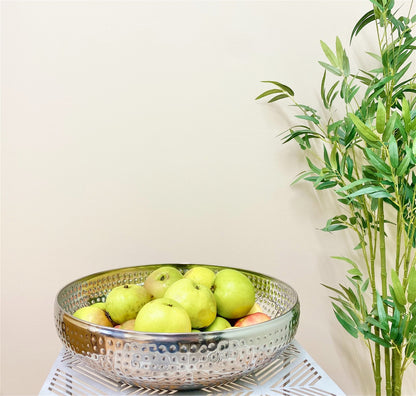 Silver Metal Shallow Bowl with Hammered Detail Large