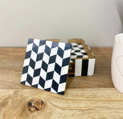 Pack of 4 Black & White Herringbone Wooden Coasters