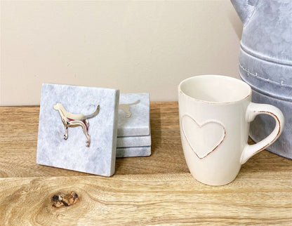 Four Square White Marble Coasters With Gold Dog Design