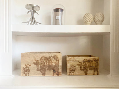 Set Of Two Engraved Cow Crates