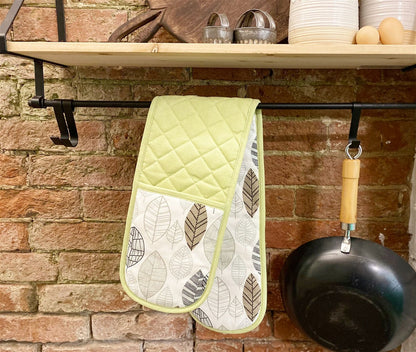 Kitchen Double Oven Glove With Contemporary Green Leaf Print Design