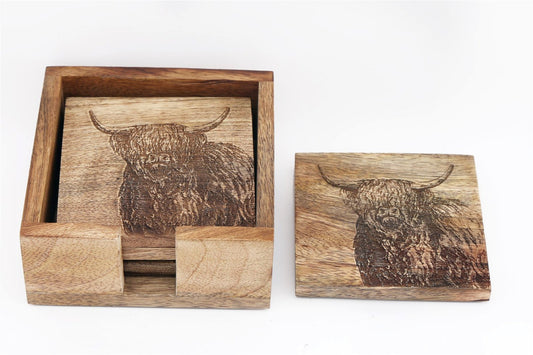 Wooden Set of 4 Engraved Cow Coasters