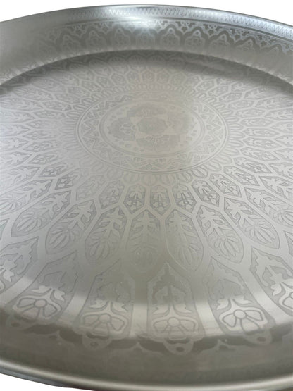 Large Decorative Silver Metal Tray With Etched Design, 42cm