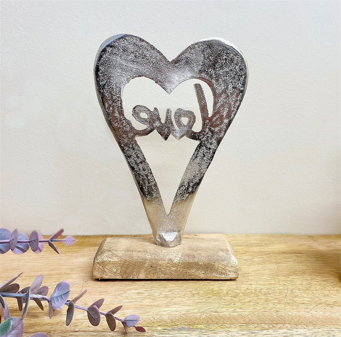 Metal Silver Heart Love On A Wooden Base Small