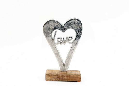 Metal Silver Heart Love On A Wooden Base Small