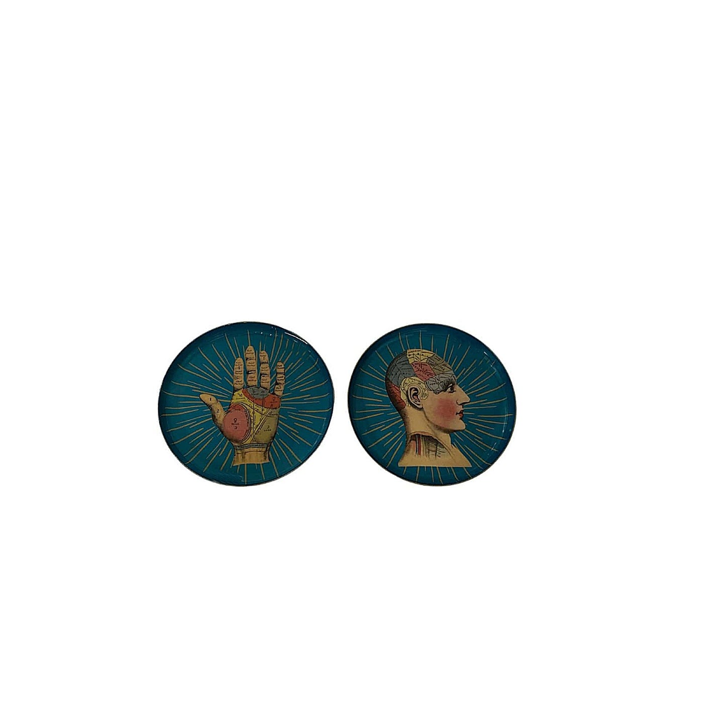 Set of Two Metal Palm and Phrenology Head Round Coasters