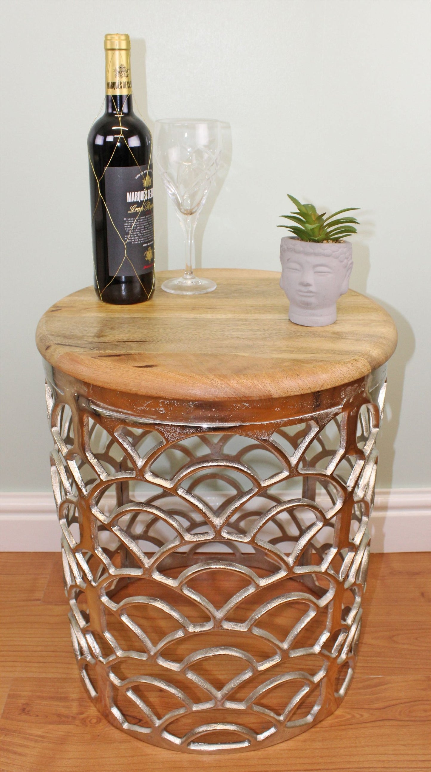 Decorative Silver Metal Side Table With A Wooden Top