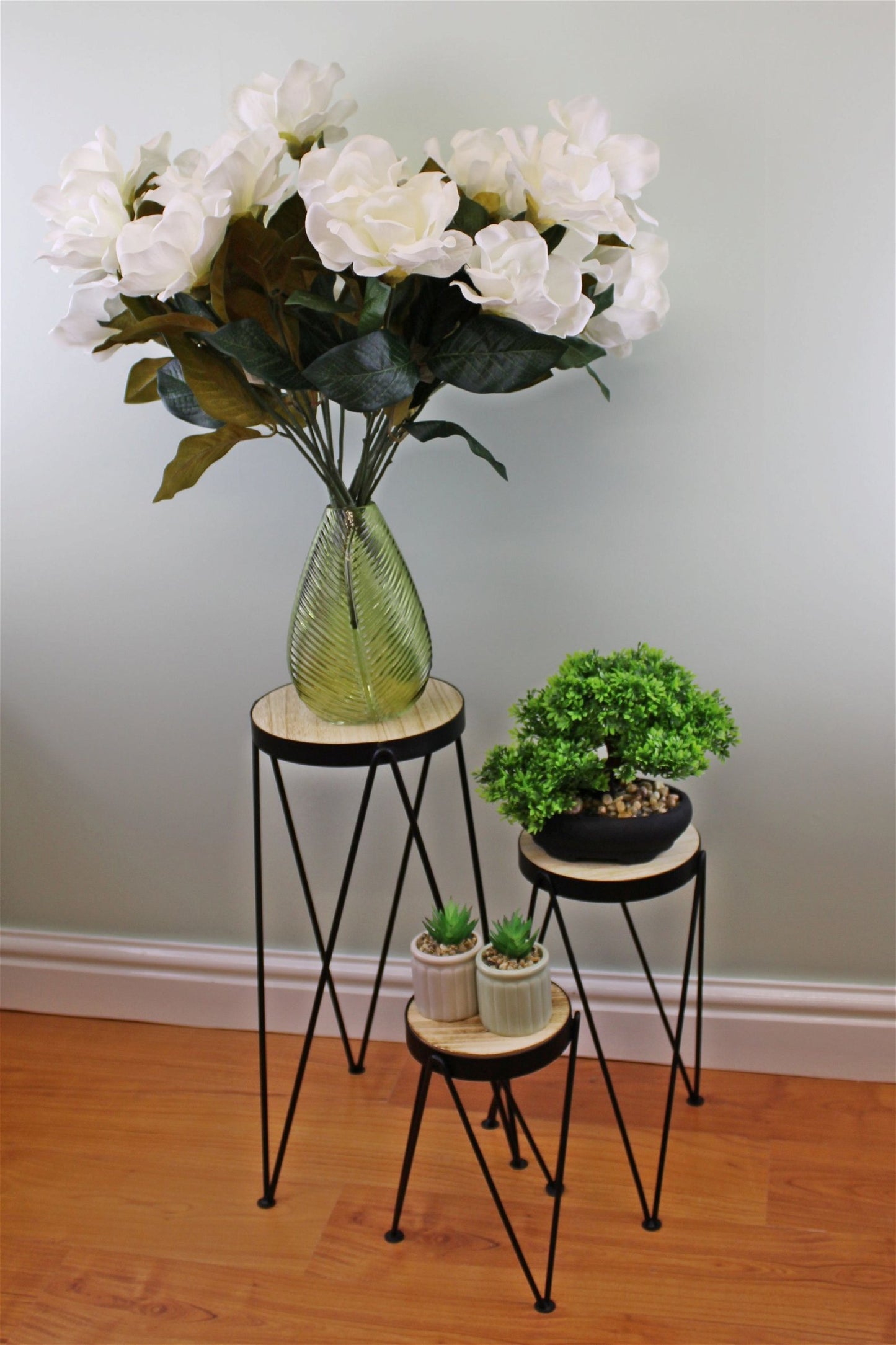 Set of 3 Black Metal and Wood Effect Plant Stands