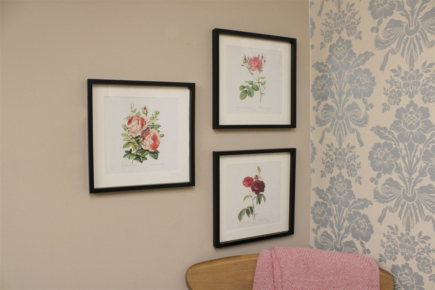 Set of Three Pink Rose Prints in Frames