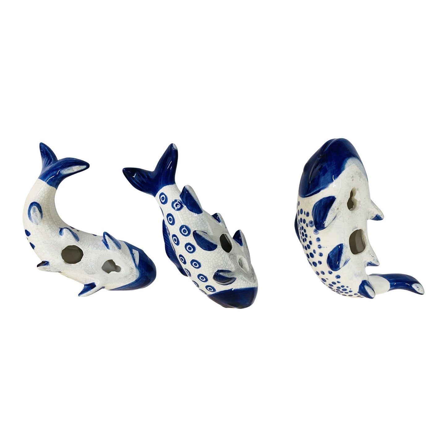 Set of 3 Blue Koi Fish Ceramic Ornaments Willow Design