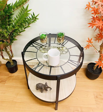 Black Metal Glass Topped Clock Table