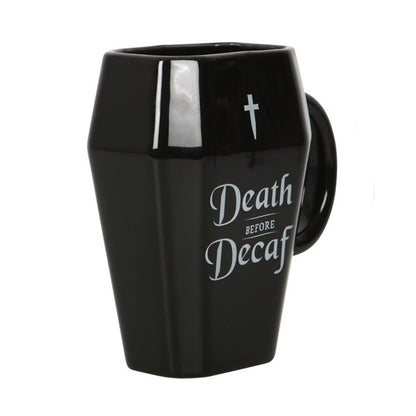 Death Before Decaf Coffin Mug